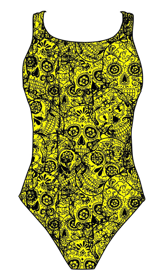 Female fastback swimsuit - Neon Mexican Skulls - DG apparel competitive swimwear lifesaving waterpolo south african flag swimwear triathlon running