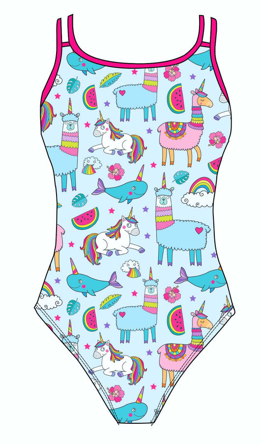 Female fastback swimsuit - Unicorns Llamas & Rainbows (3135)