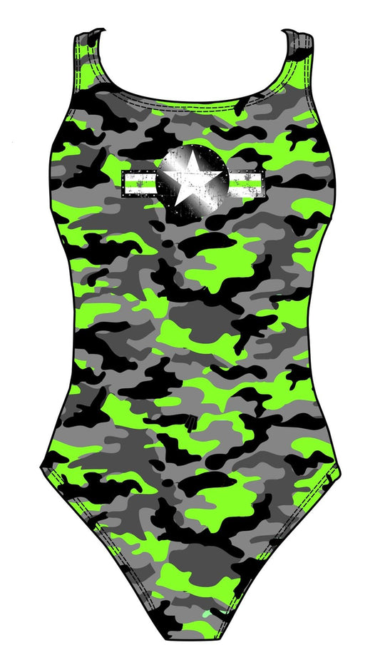 Female fastback swimsuit - Neon Camouflage - DG apparel competitive swimwear lifesaving waterpolo south african flag swimwear triathlon running