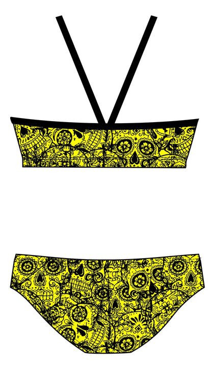 Female 2 Piece Training Bikini - Neon Mexican Skulls - DG apparel competitive swimwear lifesaving waterpolo south african flag swimwear triathlon running