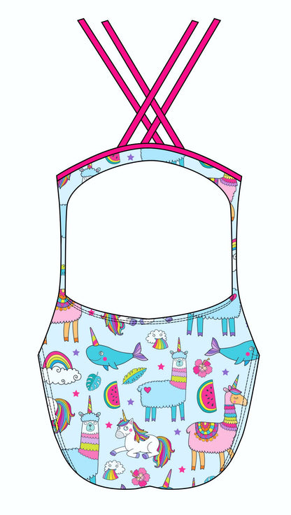 Female fastback swimsuit - Unicorns Llamas & Rainbows (3135)