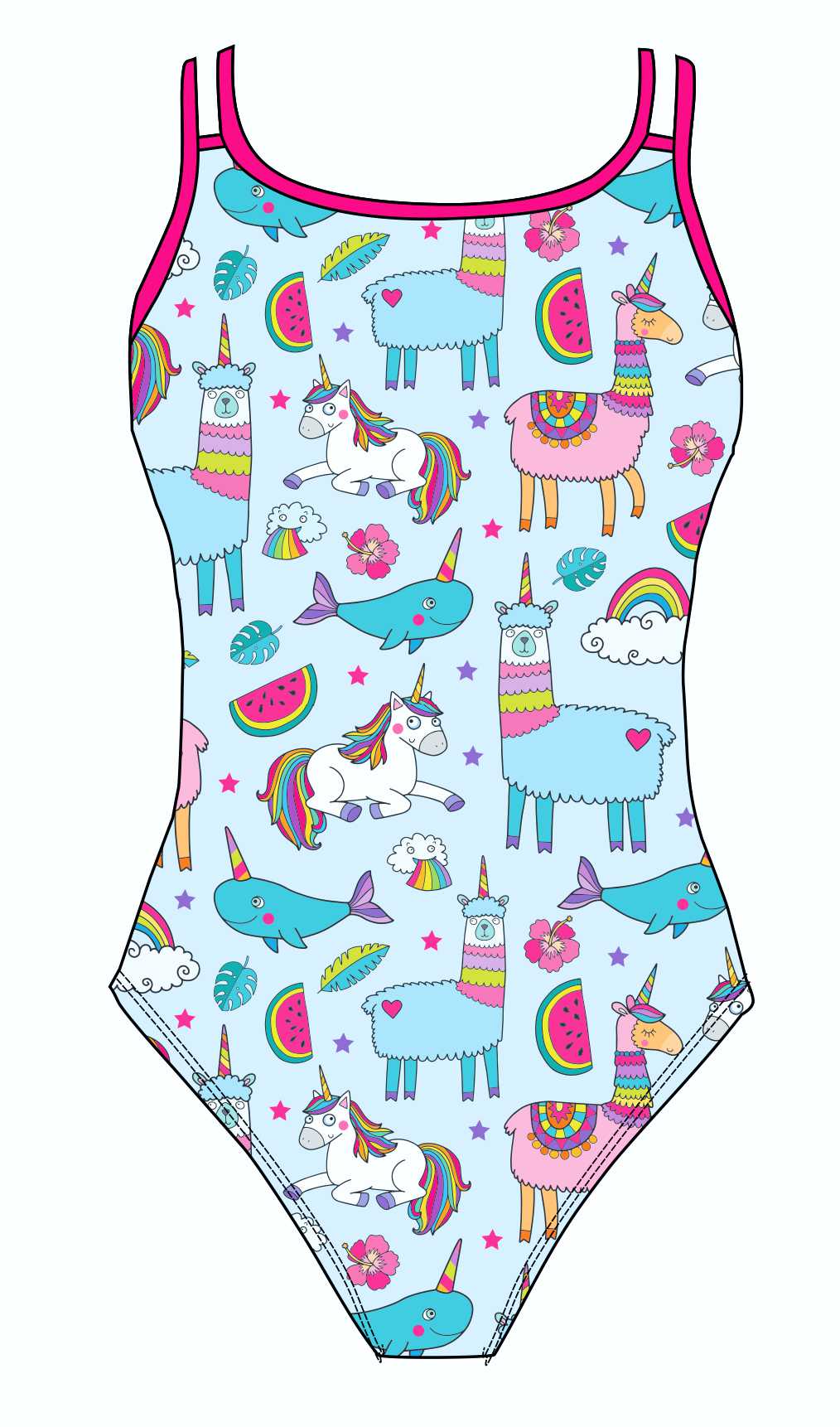 Female fastback swimsuit - Unicorns Llamas & Rainbows (3135)