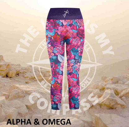 Alpha And Omega Purple Floral  Athleisure Three Quarter Tights